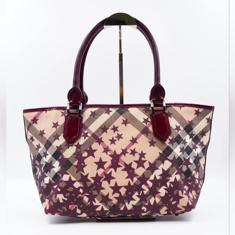 AI07❤️ BURBERRY Patent Supernova Check Stars Nickie Tote - Picture 1 of 14
